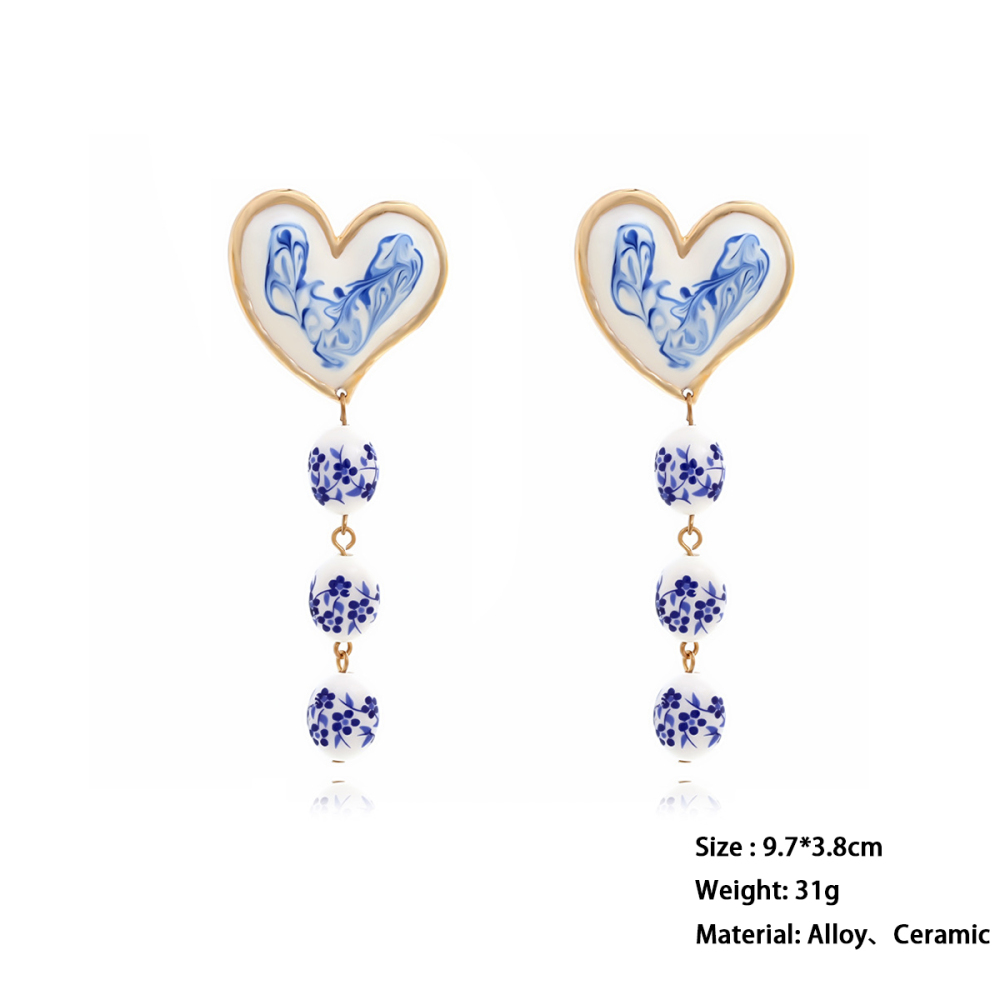 1 Paire De Boucles D'Oreilles Pendantes Élégantes En Céramique En Forme De Cœur Et De Fleur 