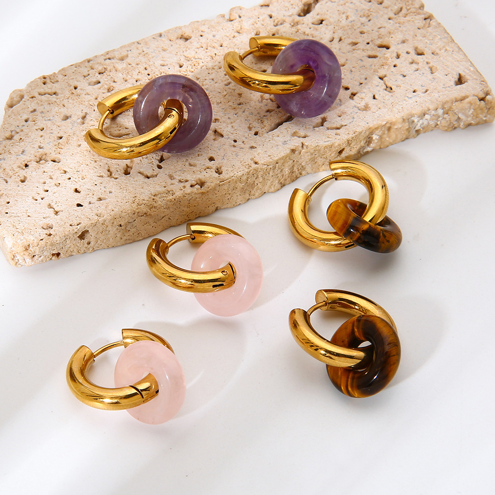 1 Paire De Boucles D'Oreilles Pendantes Rétro En Acier Inoxydable Doré Et Pierre Naturelle Image3