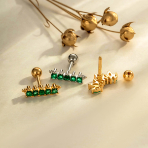 Boucles D'Oreilles Piercing Femme, Série Couronne, Zircon Vert, Cuivre Doré, Zircon. h5 Image4