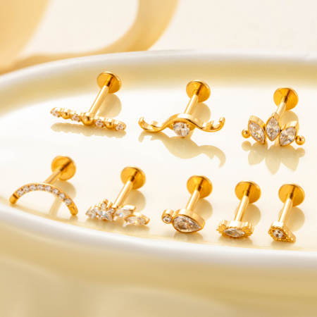 Boucles d'oreilles piercing pour femme en alliage de titane massif couleur or et zircon (1 pièce)