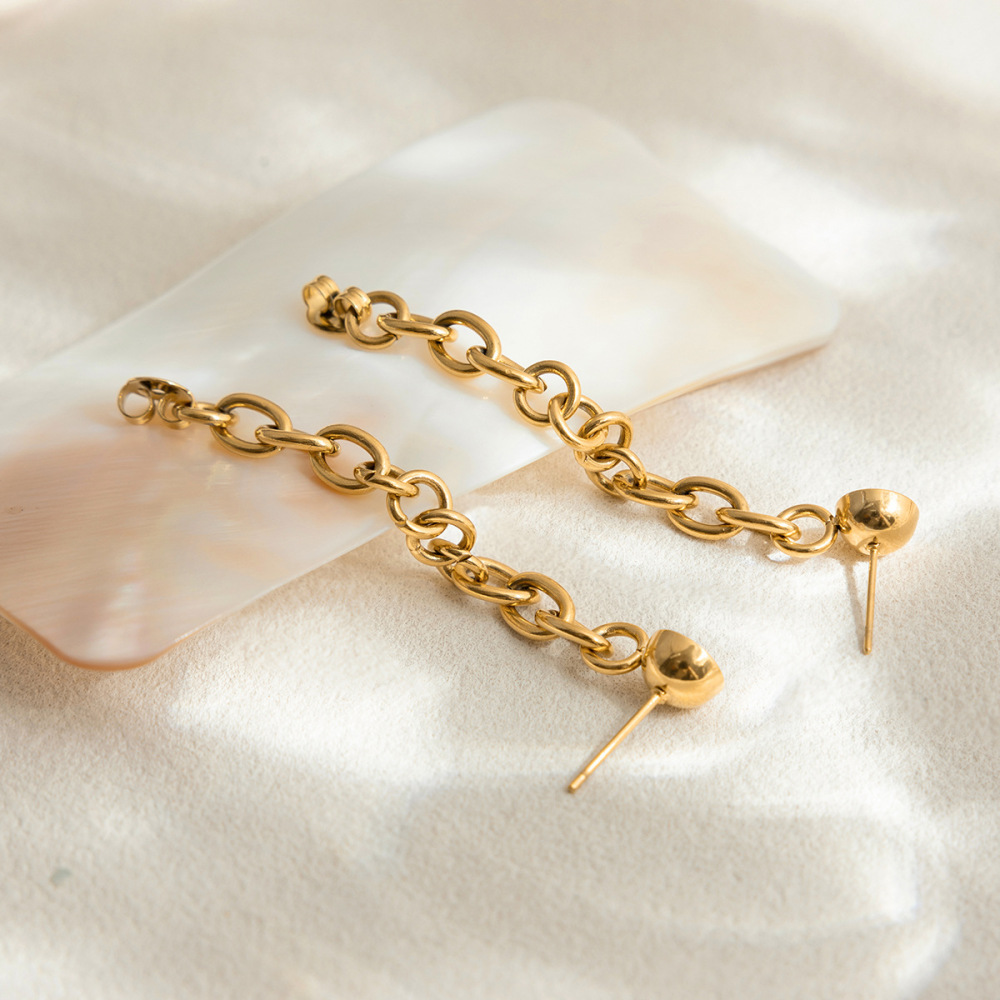 Boucles D'Oreilles Pendantes Pour Femme, En Acier Inoxydable Doré, Avec Zircon Et Chaîne Classique (1 Paire). Image6