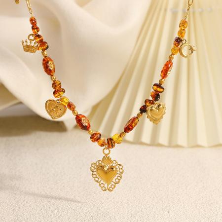 Collier pendentif femme étanche en acier inoxydable, orné de perles irrégulières en forme de cœur, d'étoile et de lune. 2