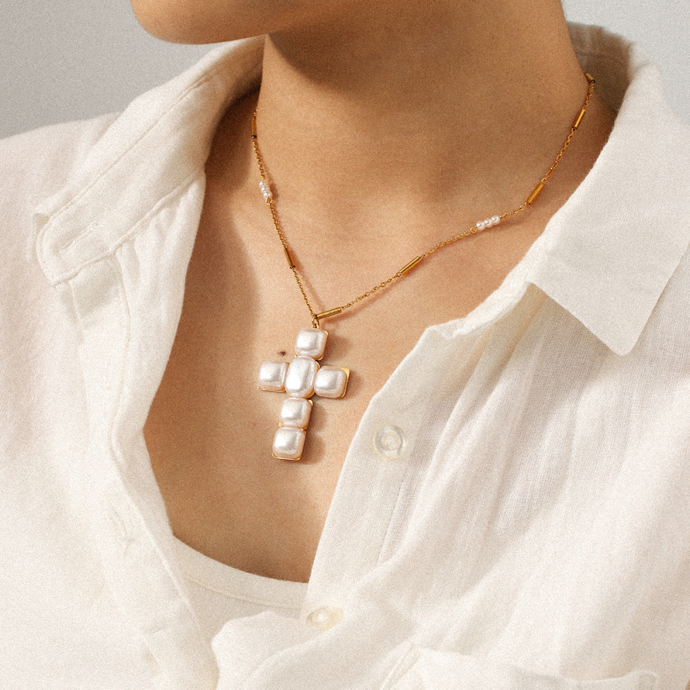Collier Pendentif Croix Et Perle En Acier Inoxydable Étanche, Couleur Or (1 Pièce) Image5