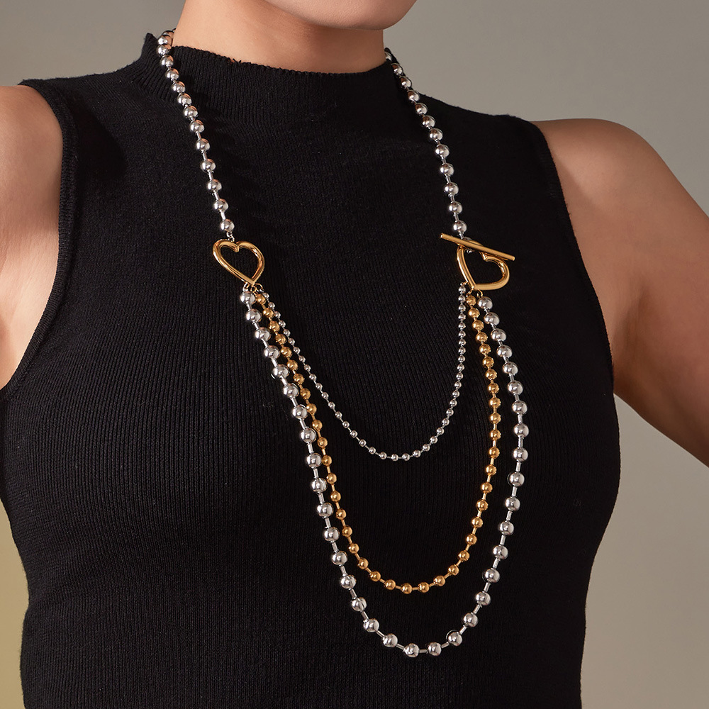 Collier Long Classique Pour Femme, Composé De Plusieurs Rangs, En Acier Inoxydable Imperméable, Couleur Or Et Argent (1 Pièce) Image4