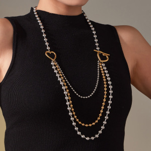 Collier Long Classique Pour Femme, Composé De Plusieurs Rangs, En Acier Inoxydable Imperméable, Couleur Or Et Argent (1 Pièce) h5 Image4