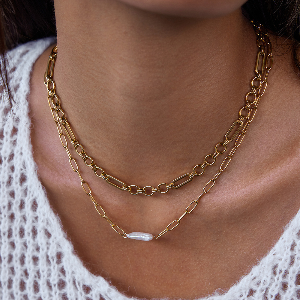 Collier Élégant Pour Femme, En Acier Inoxydable, Couleur Or, Avec Perle Et Étanchéité (1 Pièce) Image4