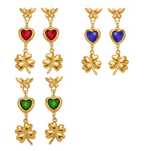Boucles D'Oreilles Pendantes Élégantes Pour Femme, En Verre, En Forme De Cœur Et De Trèfle, En Acier Inoxydable Étanche, Couleur Or (1 Paire). h5 Image5