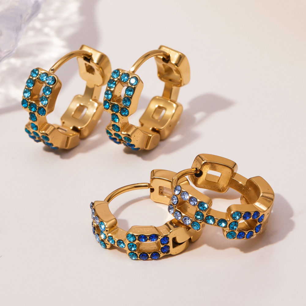 1 Paire De Boucles D'Oreilles Créoles Pour Femme, En Acier Inoxydable Doré, Imperméables, Avec Chaîne Rectangulaire Et Zircon. Image2