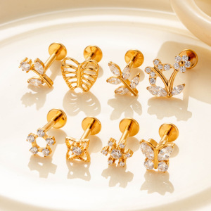 Boucles D'Oreilles Piercing Femme En Alliage De Titane, Couleur Or, Zircon (1 Pièce). h5 Image5