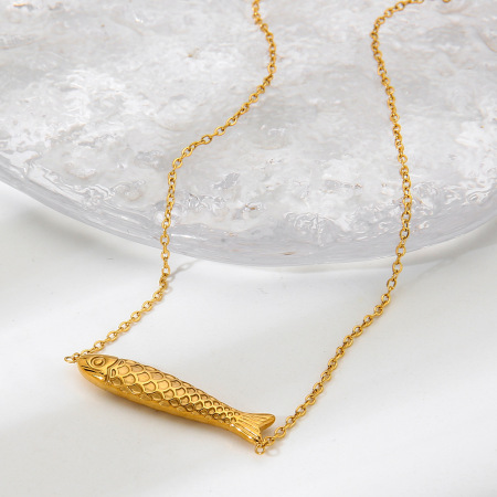 Collier pendentif femme style rétro classique en acier inoxydable, couleur or, motif poisson (1 pièce)