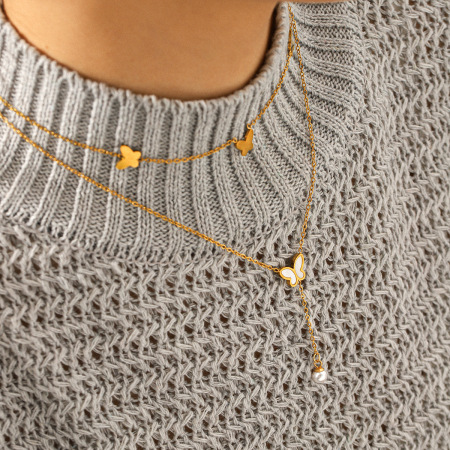 Collier à plusieurs rangs en acier inoxydable doré, orné d'un papillon, imperméable.