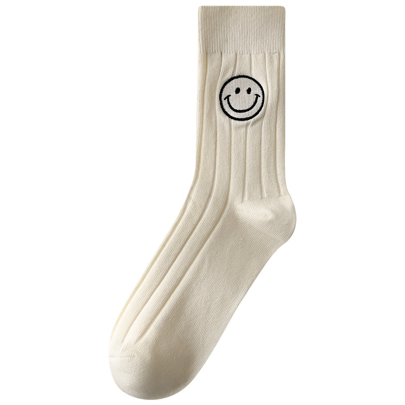 1 Paire De Chaussettes Mi-Mollet En Coton Avec Broderie Smiley Mignonne h5Image4