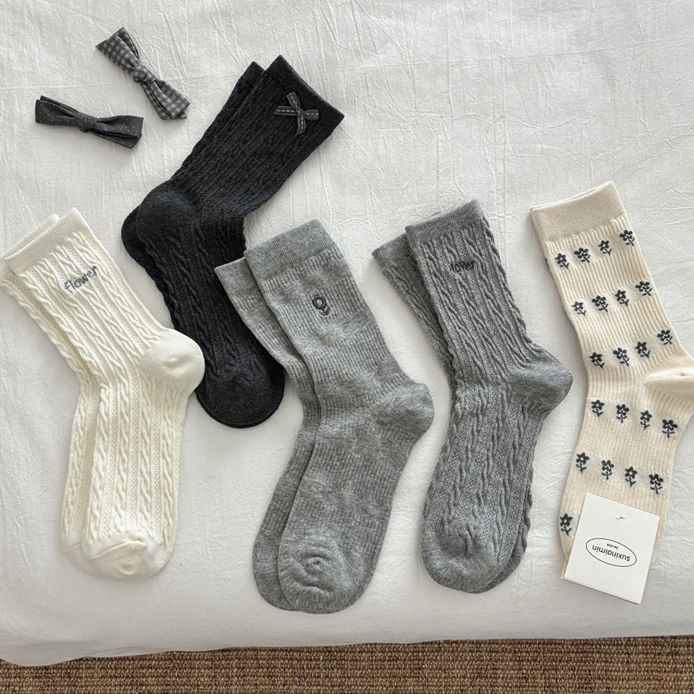 1 Paire De Chaussettes Mi-Mollet En Coton À Nœud Torsadé, Couleur Unie h5Image4