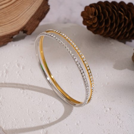Bracelet jonc luxueux et élégant en acier inoxydable étanche couleur or avec zircon (1 pièce)