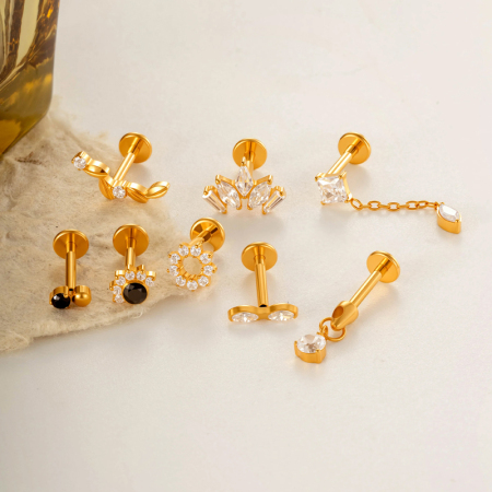 Boucles d'oreilles piercing femme géométriques quotidiennes en alliage de titane doré avec zircon (1 pièce)
