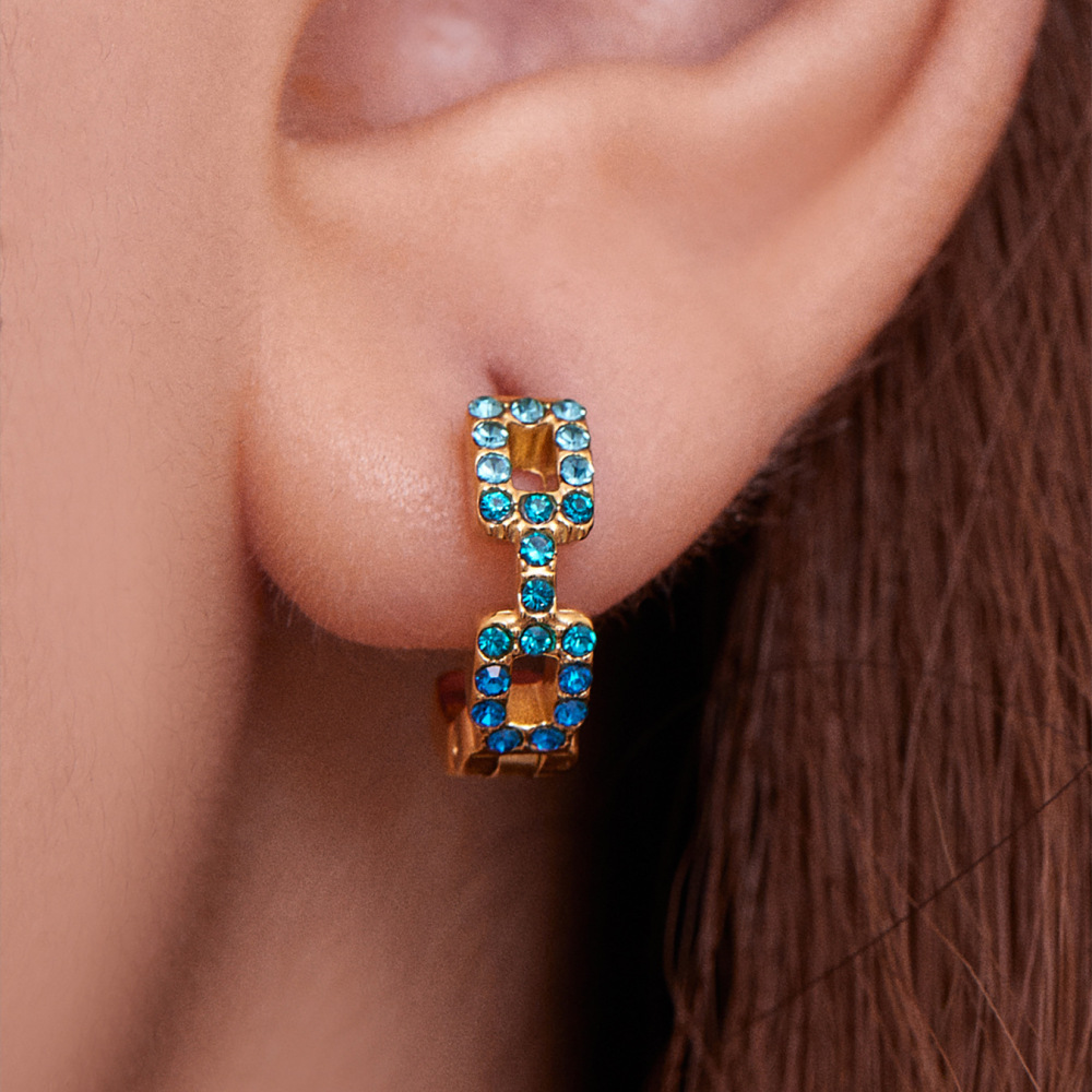 1 Paire De Boucles D'Oreilles Créoles Pour Femme, En Acier Inoxydable Doré, Imperméables, Avec Chaîne Rectangulaire Et Zircon. Image3