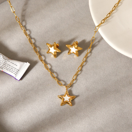 Ensemble collier et collier en acier inoxydable émaillé couleur or, étanche, avec étoile.