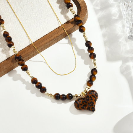 Collier de perles élégant en résine à imprimé léopard et cœur pour femme (1 pièce) 2