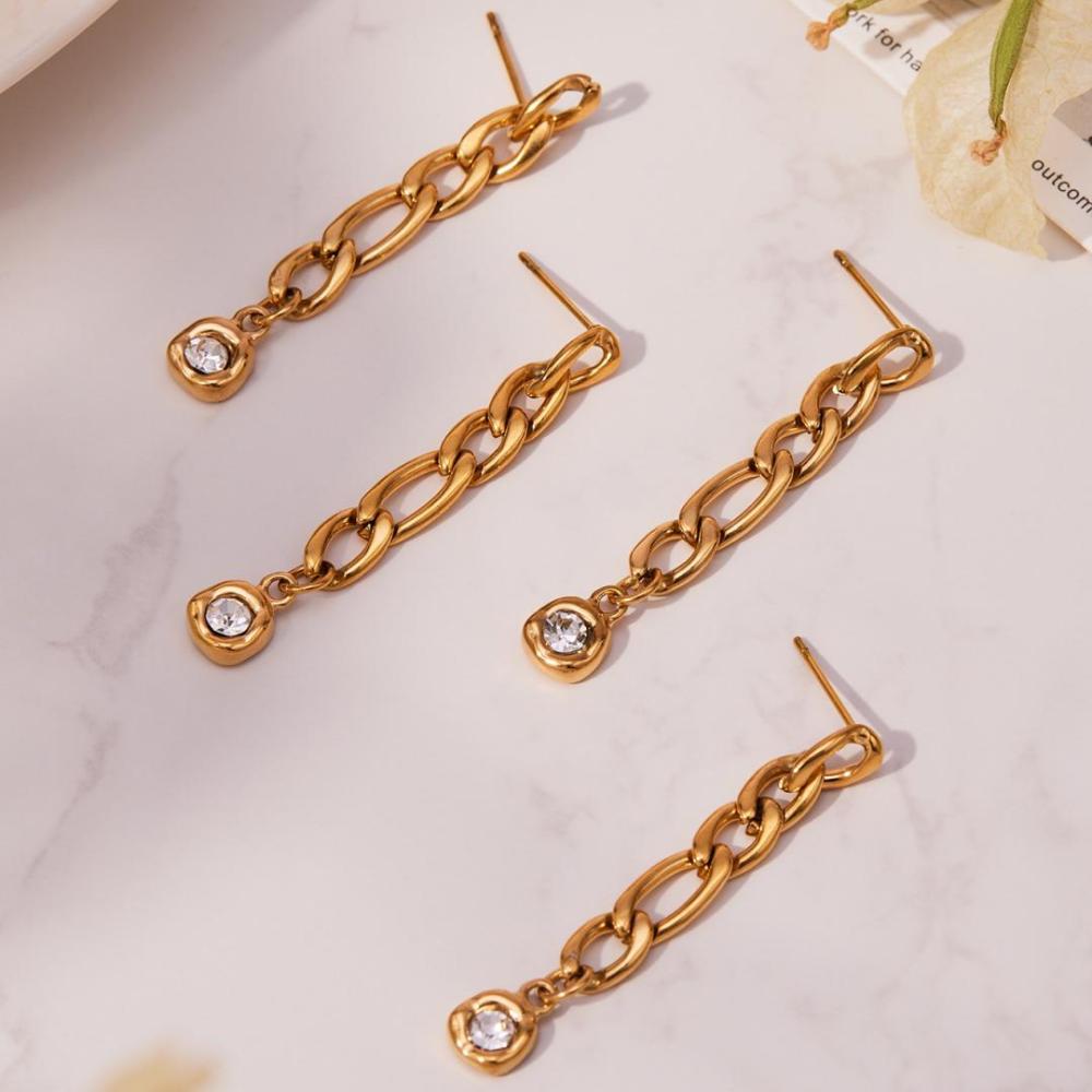 Boucles D'Oreilles Pendantes Pour Femme, En Acier Inoxydable Doré, Avec Zircon Et Chaîne Simple (1 Paire). Image5