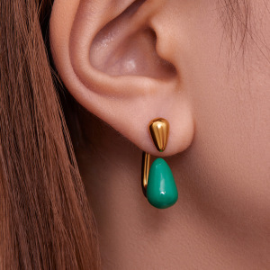 1 Paire De Boucles D'Oreilles Puces Pour Femme, En Acier Inoxydable Doré, Imperméables, En Forme De Goutte Brillante h5 Image3