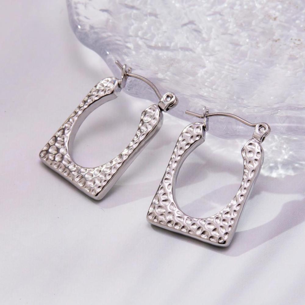 1 Paire De Boucles D'Oreilles Créoles Rectangulaires En Acier Inoxydable Doré, Imperméables, À Motif Martelé. Image6