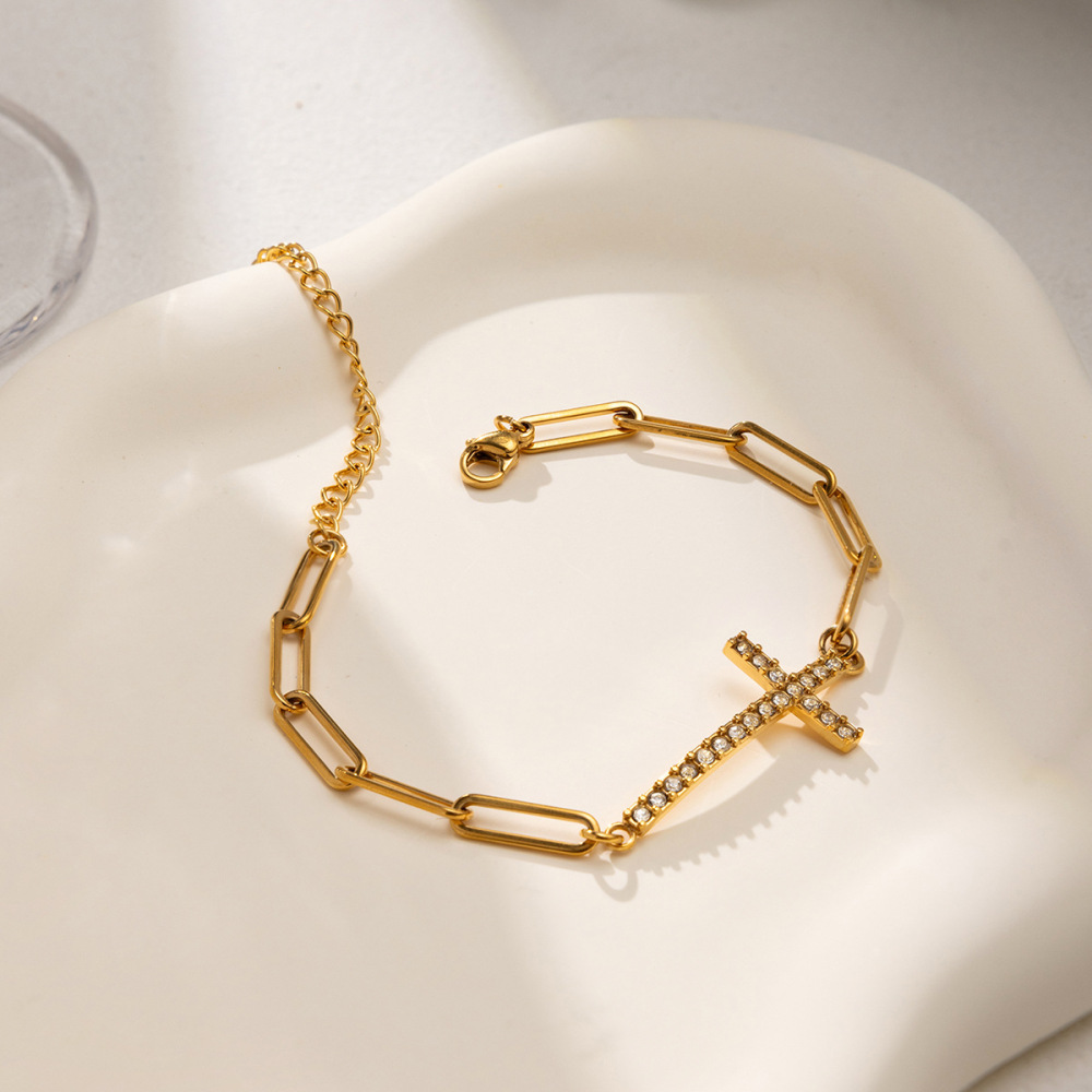 Bracelet À Maillons Pour Femme, En Acier Inoxydable Doré, Avec Croix Délicate (1 Pièce). Image5