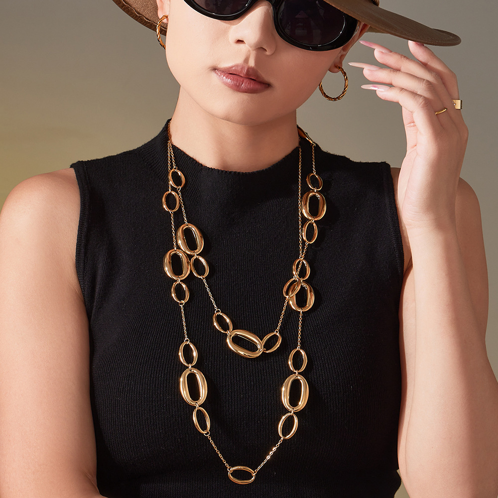 Collier Long Minimaliste Pour Femme, En Acier Titane Doré, Composé D'Un Cercle (1 Pièce) Image5