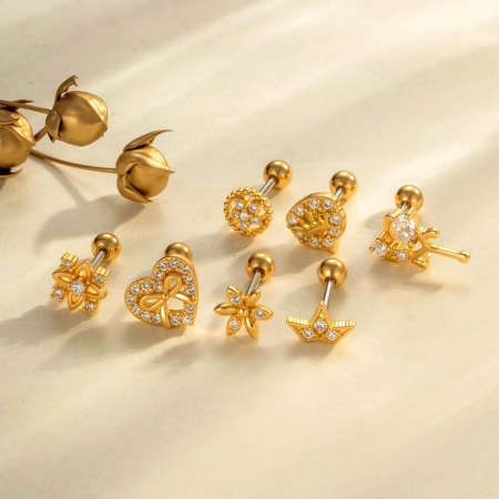 Boucles d'oreilles piercing pour femme, luxueuses, en forme de cœur et de fleur, couleur cuivre doré, avec zircon (1 pièce).