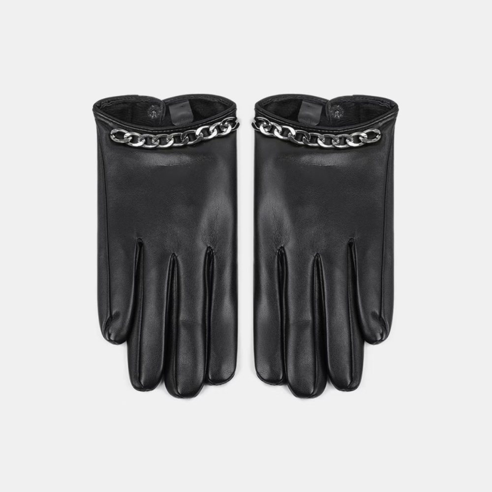 1 Paire De Gants Pour Femmes En Pu À Chaînette De Style Punk Et De Couleur Unie Image2