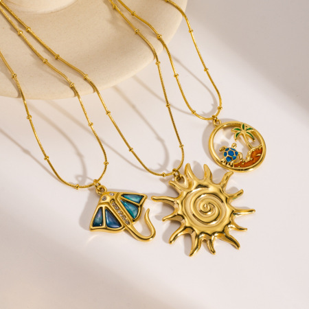 Collier pendentif femme en acier inoxydable étanche, motif soleil et océan, design tendance (1 pièce)