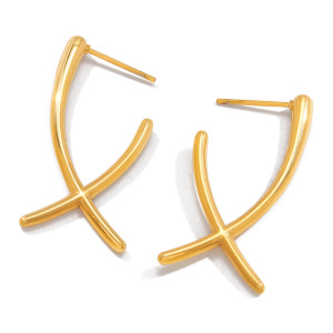 Boucles D'Oreilles Puces Minimalistes À Lignes Croisées En Acier Inoxydable Étanche Couleur Or Pour Femme (1 Paire) h5 
