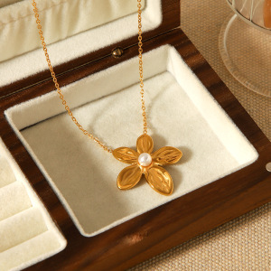 Collier Pendentif Fleur Et Perle En Acier Inoxydable Étanche, Couleur Or (1 Pièce) h5 Image4