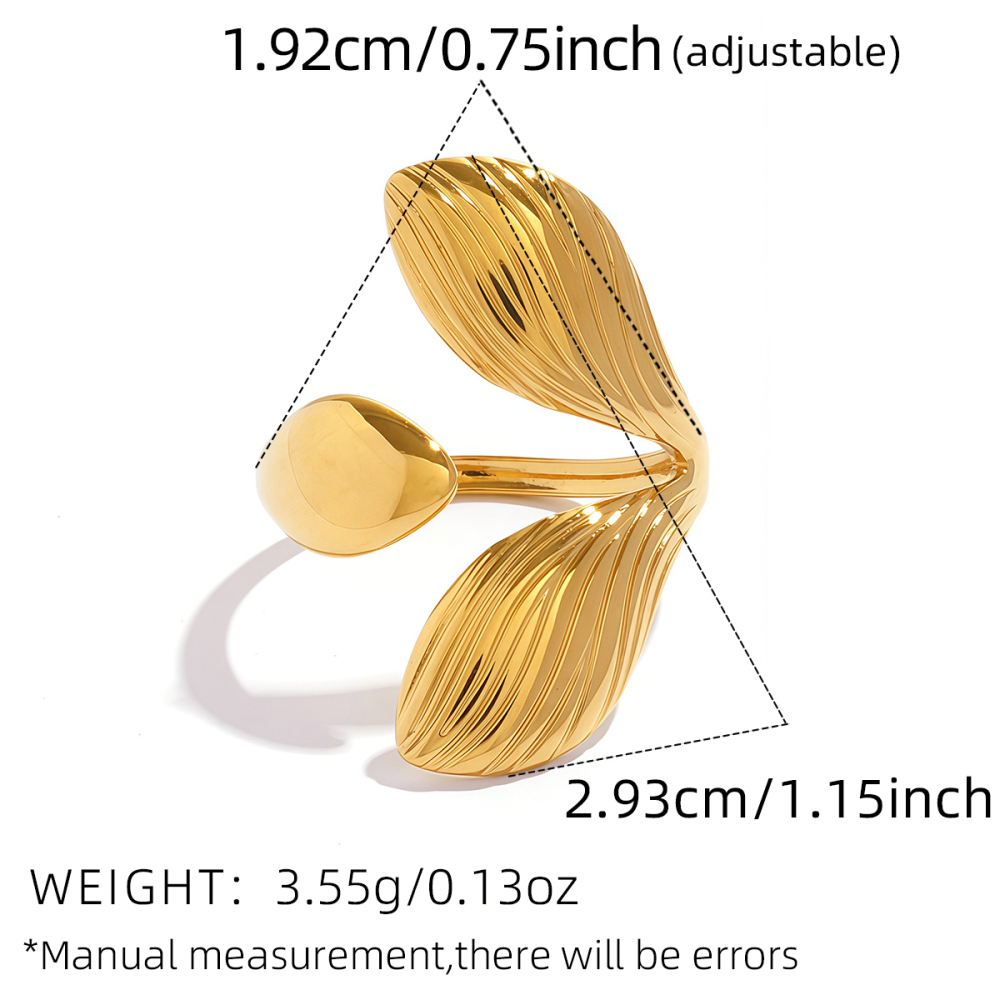 Bague Femme Simple, En Acier Inoxydable, Couleur Or, Motif Feuille Naturelle, Étanche. Image2