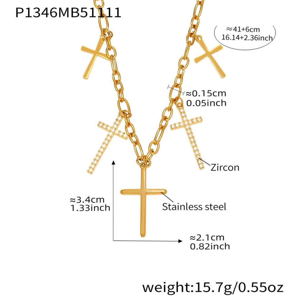 Collier Pendentif Femme En Acier Inoxydable Doré, Orné D'Un Zircon Et D'Une Chaîne En Croix Exquise (1 Pièce)