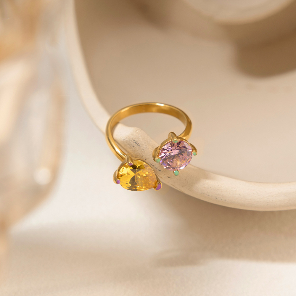 Bague Pour Femme En Acier Inoxydable Doré, Ornée D'Un Zircon Et D'Une Goutte Colorée. Image6