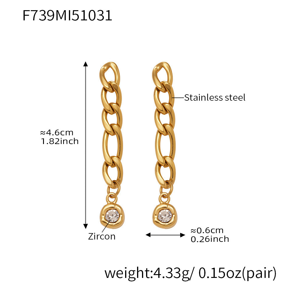 Boucles D'Oreilles Pendantes Pour Femme, En Acier Inoxydable Doré, Avec Zircon Et Chaîne Simple (1 Paire). Image2