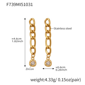 Boucles D'Oreilles Pendantes Pour Femme, En Acier Inoxydable Doré, Avec Zircon Et Chaîne Simple (1 Paire). h5 Image2
