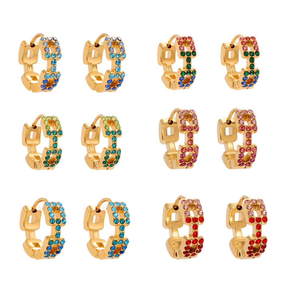 1 Paire De Boucles D'Oreilles Créoles Pour Femme, En Acier Inoxydable Doré, Imperméables, Avec Chaîne Rectangulaire Et Zircon. Image5
