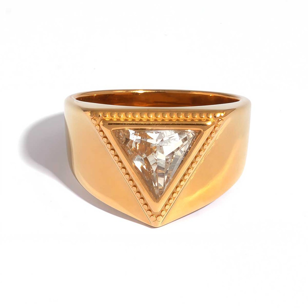 Bague Femme Triangulaire En Acier Inoxydable, Étanche, Couleur Or, Avec Zircon. 