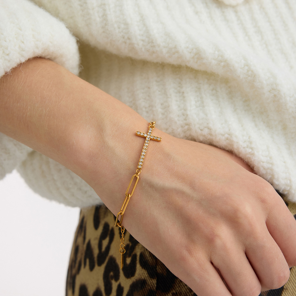 Bracelet À Maillons Pour Femme, En Acier Inoxydable Doré, Avec Croix Délicate (1 Pièce). Image4