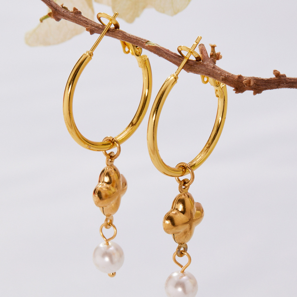 1 Paire De Boucles D'Oreilles Pendantes Élégantes En Acier Inoxydable Doré, Motif Trèfle, Pour Femme. h5Image4