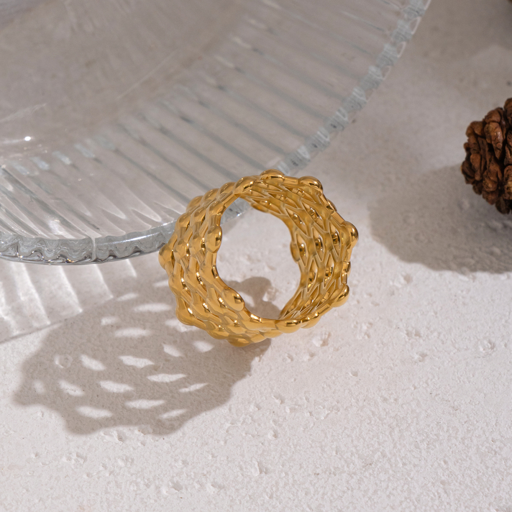 Bague Statement En Acier Inoxydable Ajouré, Étanche, Couleur Or (1 Pièce) Image4