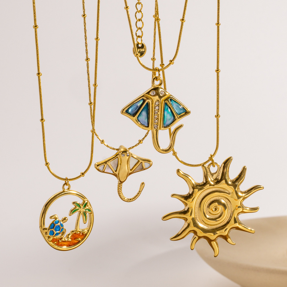Collier Pendentif Femme En Acier Inoxydable Étanche, Motif Soleil Et Océan, Design Tendance (1 Pièce) Image2