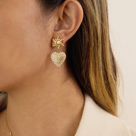 Boucles d'oreilles pendantes pour femme, en acier inoxydable doré, motif cœur et soleil, étanches, 1 paire 2