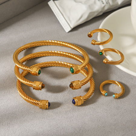 Ensemble de bracelets manchettes en acier inoxydable étanche couleur or avec pierre naturelle 2