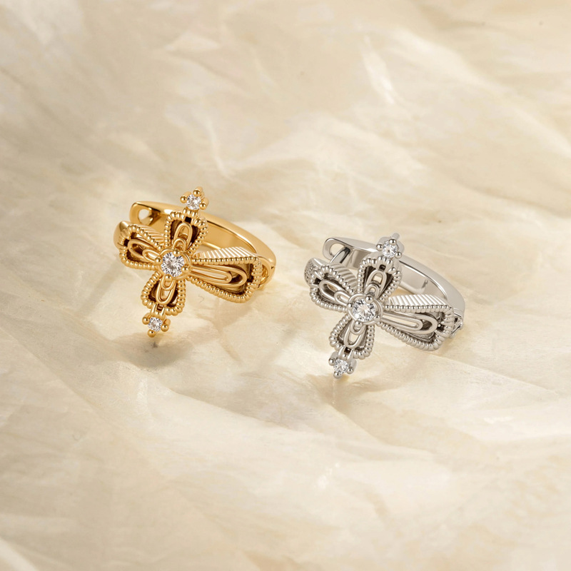 Boucles D'Oreilles Créoles Glamour En Cuivre Et Zircon Avec Croix (1 Pièce) Image5