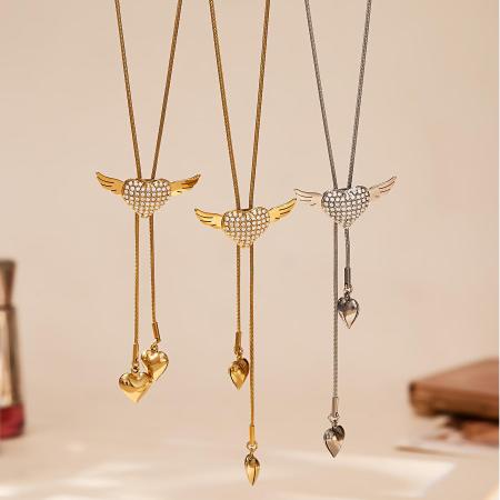Collier long pour femme, orné d'un cœur romantique et de balançoires, en acier inoxydable étanche couleur or et zircon.