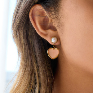 Boucles D'Oreilles Pendantes Pour Femme, En Acier Inoxydable Doré, En Forme De Cœur Rose Tendre (1 Paire). h5 Image2