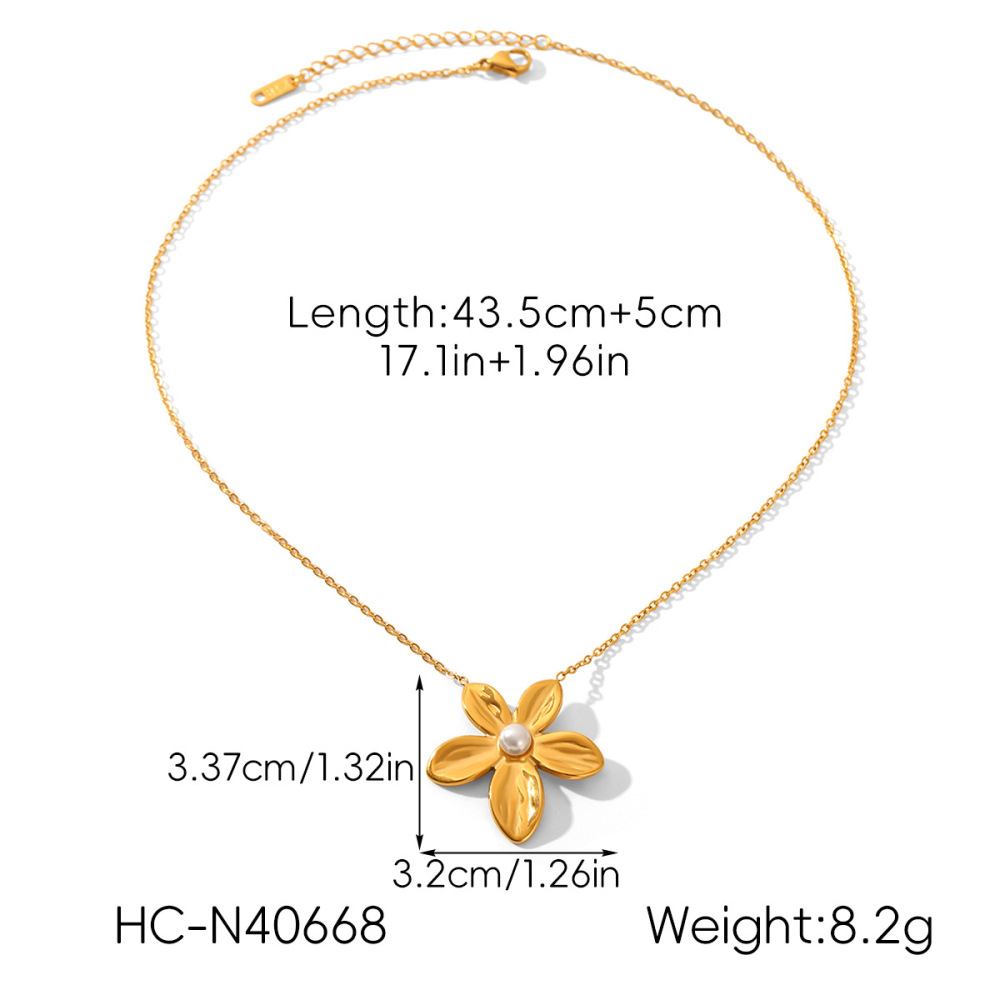 Collier Pendentif Fleur Et Perle En Acier Inoxydable Étanche, Couleur Or (1 Pièce) Image2