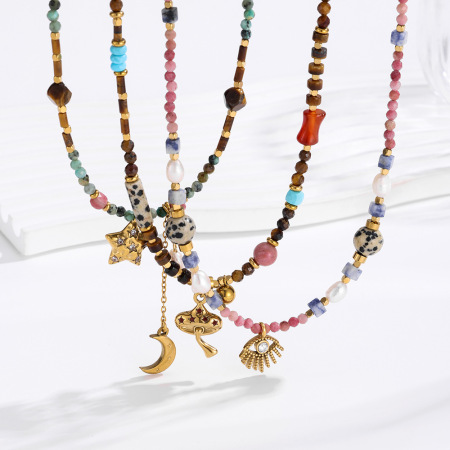 Collier de perles rétro en acier titane couleur or avec pierre naturelle (1 pièce)